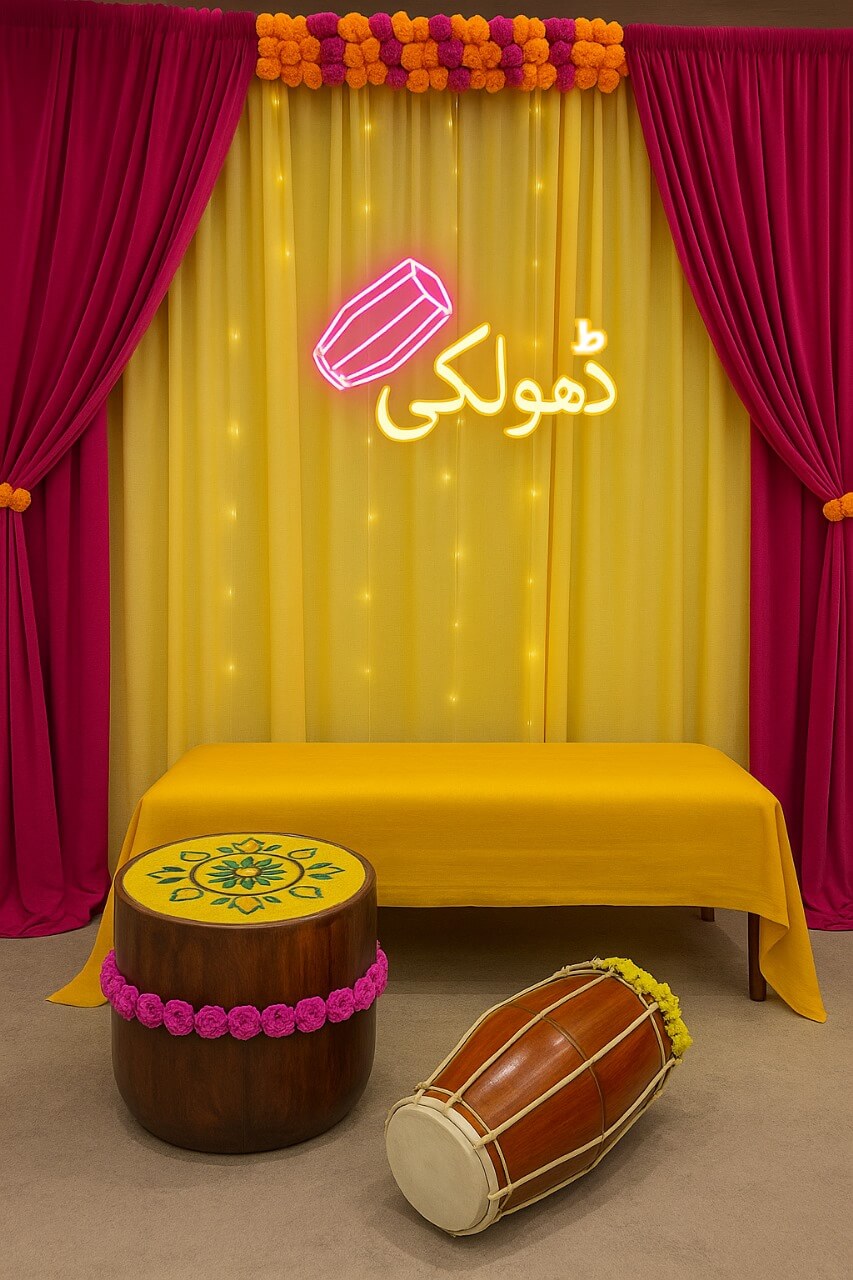 Dholki with Dholak Sign 2x1 ft – Urdu Neon Signs for Mehndi, Mayun & Pakistani Wedding Décor